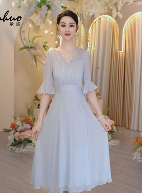 蓝色V领束腰型连衣裙女2025年夏季绝美巨好看的小裙子OHDRI06141