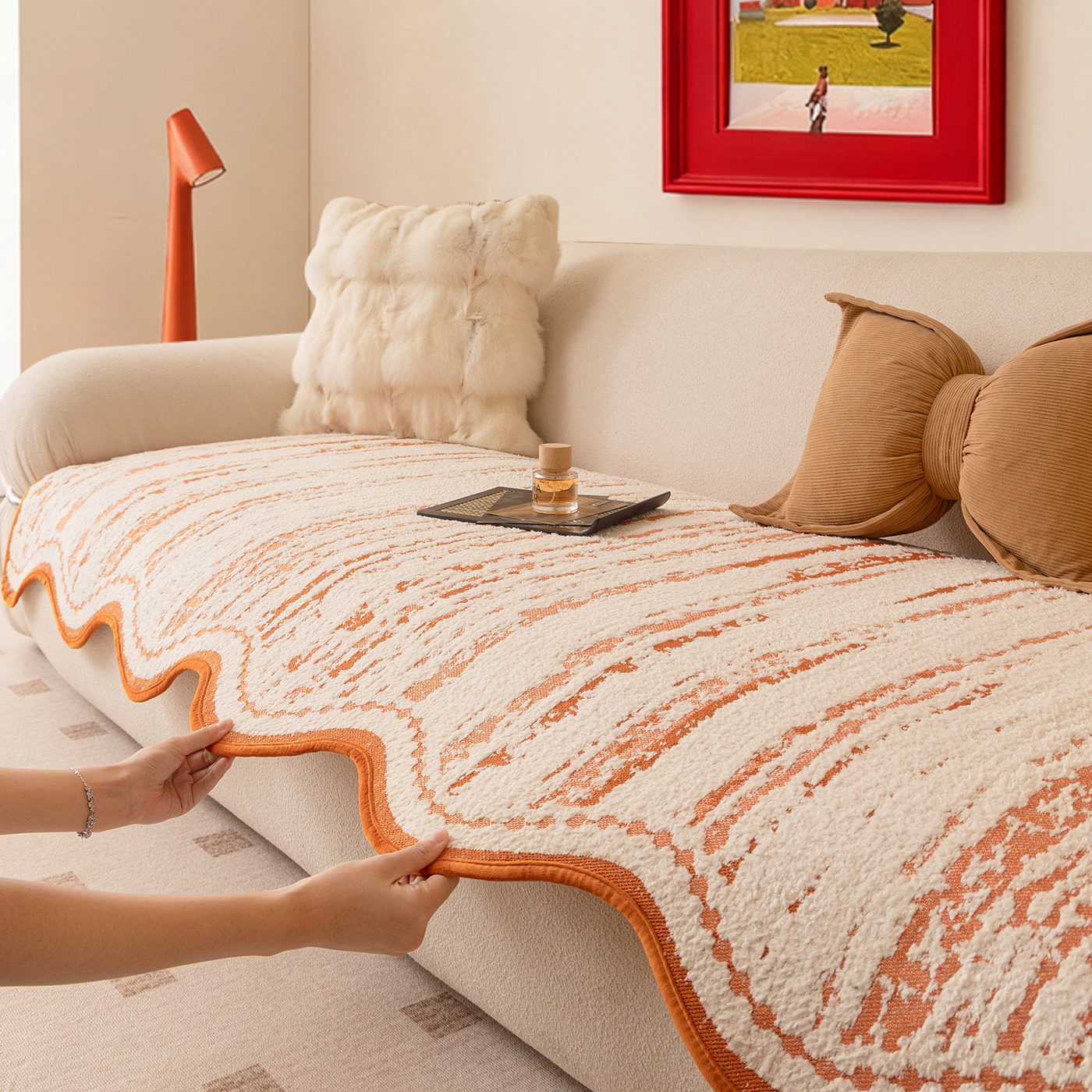 2025新款异形橙色半边绒沙发垫