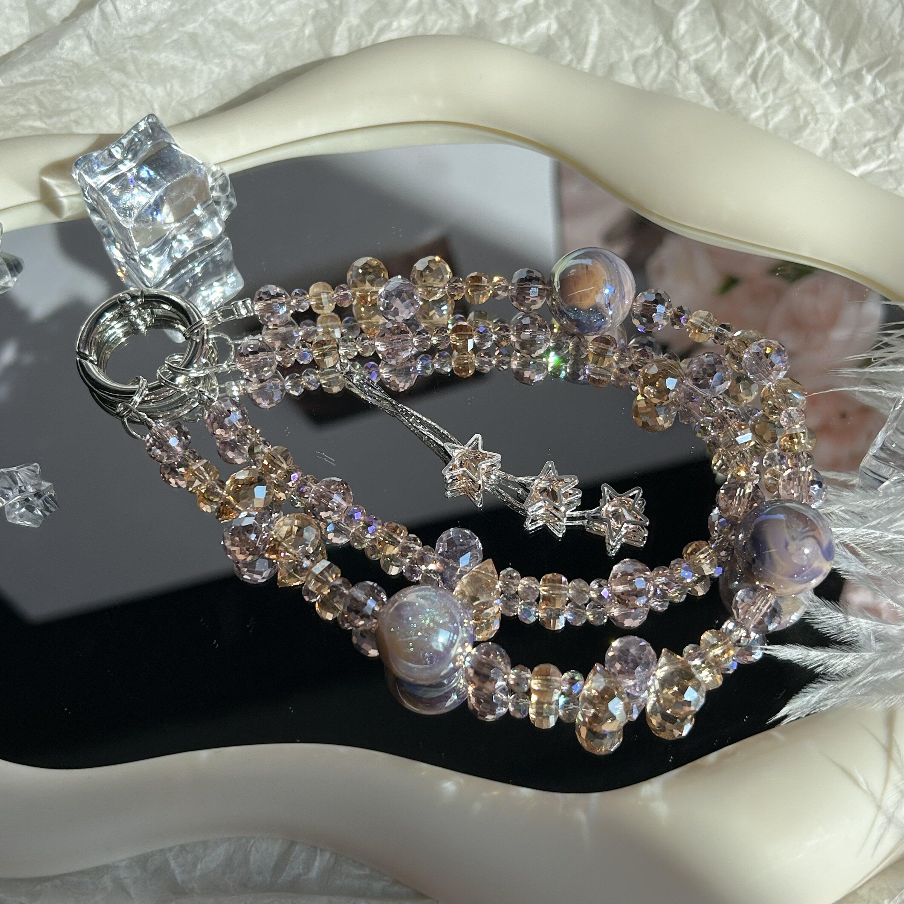 1手工精美闪粉海蒂珠水晶串珠手机链流苏爆款手机壳挂链珠链轻奢