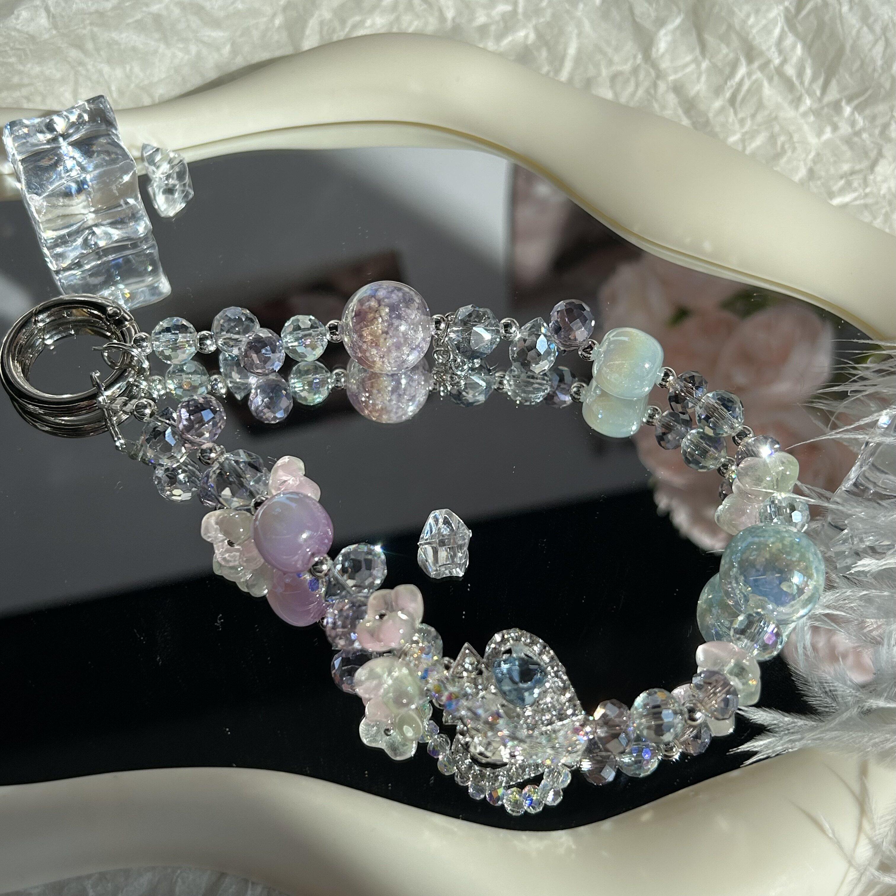 璀璨银河手机链高级感水晶串珠链条爆闪手机挂绳流苏湖蓝色挂链