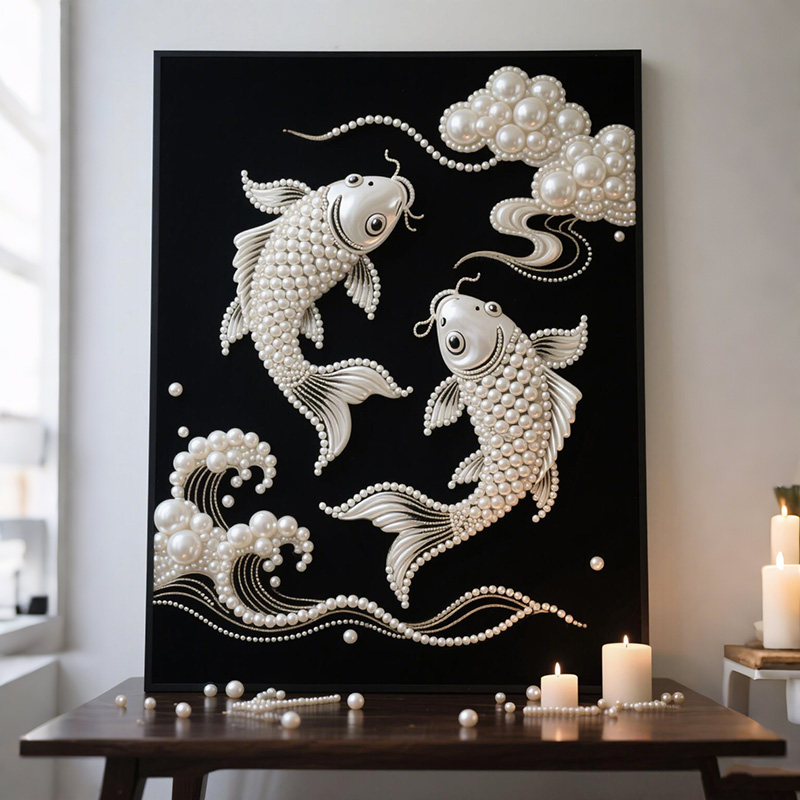 珍珠锦鲤客厅装饰画中式简约平面年年有余床头画卧室挂画艺术壁画图片