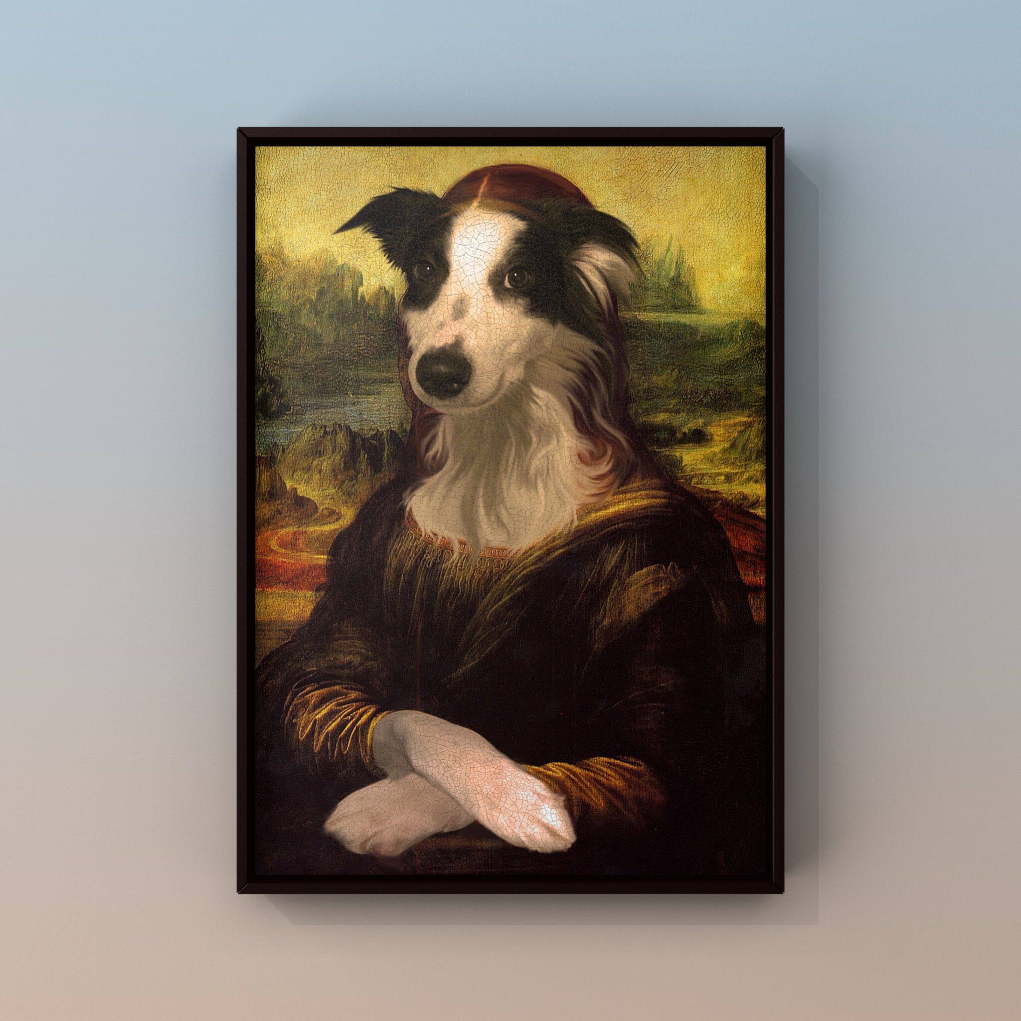 蒙娜丽莎狗狗挂画搞笑画 油画 手绘 柯基 柴犬 金毛 装饰画定制画