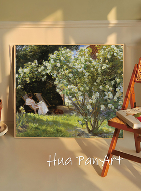 白玫瑰花丛绿色风景油画复古艺术挂画莫奈客厅卧室装饰画梵高壁画