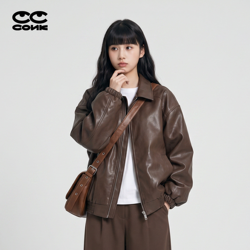 美式复古PU机车皮衣女短款宽松