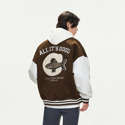 conklab秋季国潮小鲨鱼拼接字母棒球服潮流美式复古休闲情侣外套