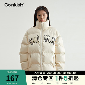 conklab 字母logo棉服男冬加厚保暖pu皮外套高街立领面包服棉衣潮