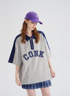 CONKLAB复古字母POLO领短袖男夏季宽松五分袖情侣T恤半袖体恤潮牌