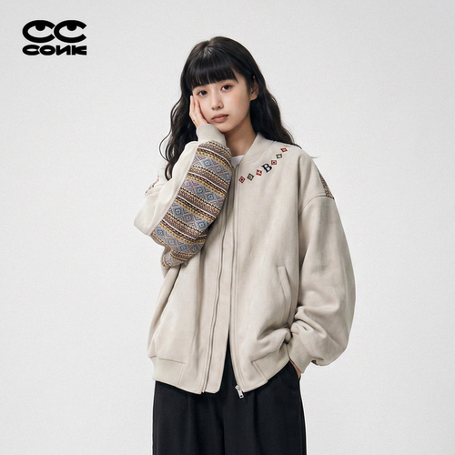 春秋民族风刺绣立领棒球夹克女