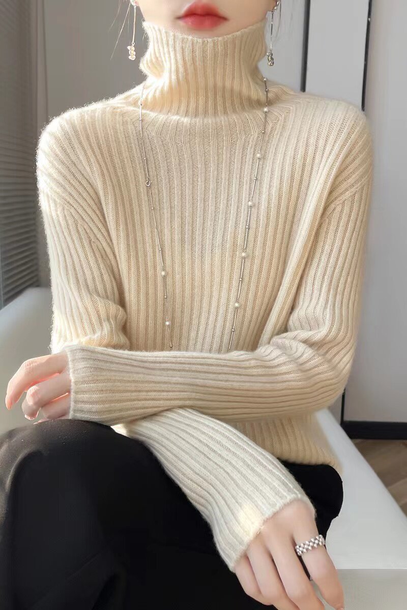 新款高领秋冬纯羊毛衫女高领堆堆毛针织衫