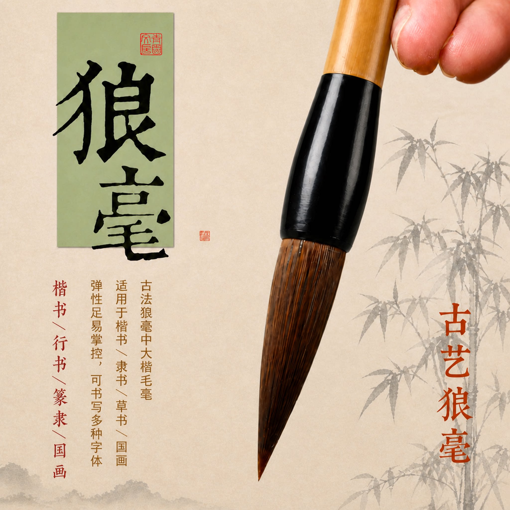 纯狼毫中楷狼毫湖笔楷书欧楷颜楷柳体行书大楷毛笔书法入门初学者小学生专业级练字套装青园文房