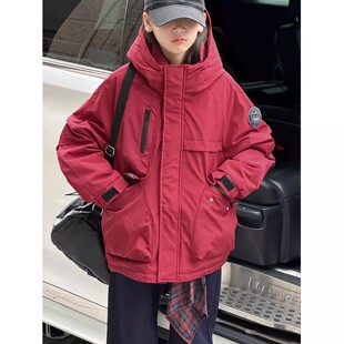 PAUL童装工装风女童夹棉加厚外套2026秋冬装新款儿童上衣红色新年