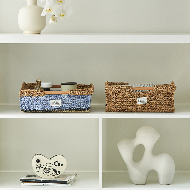 莫语 拉菲草桌面收纳筐多功能 中古风简约手工编织收纳盒杂物整理