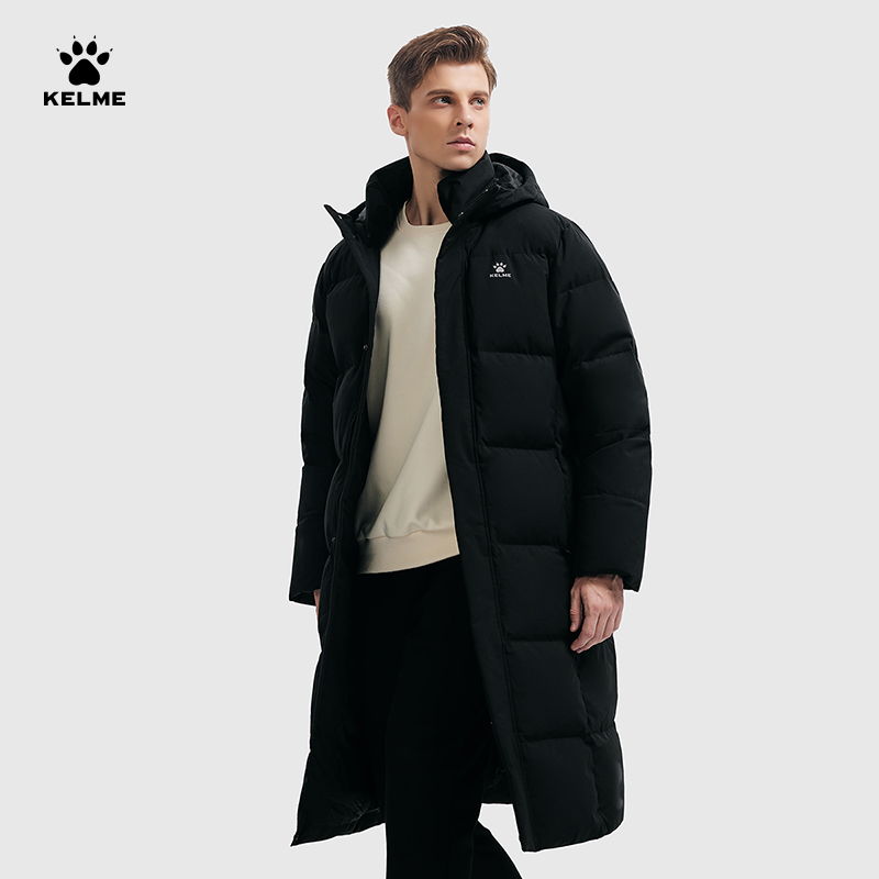 卡尔美保暖长款连帽男式羽绒服