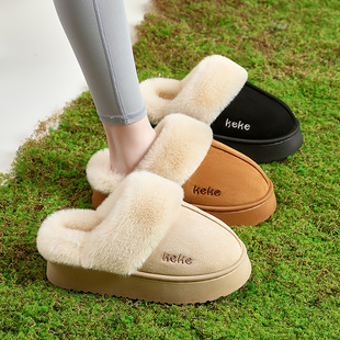 仿兔毛毛拖鞋外穿厚底秋冬加绒雪地靴半拖黑色防滑保暖一脚蹬棉拖