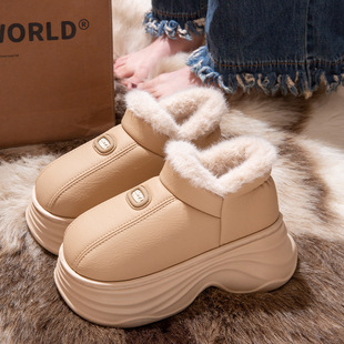 25新款加厚底棉鞋防滑松糕时尚增高雪地靴女冬天外穿短靴PU棉拖鞋