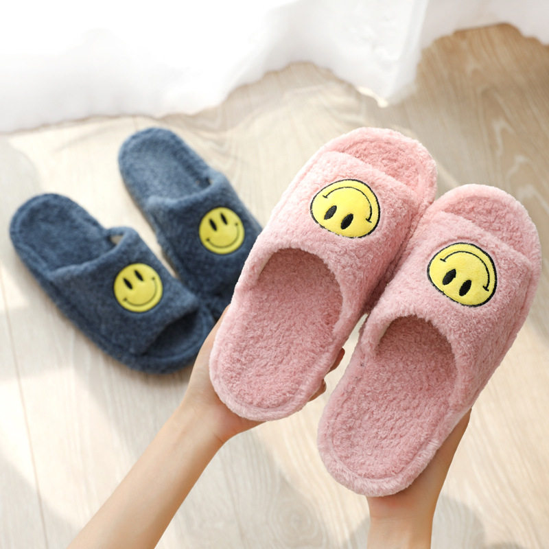 可爱卡通笑脸棉拖鞋女士秋冬季家居家室内厚底软底毛绒木地板静音