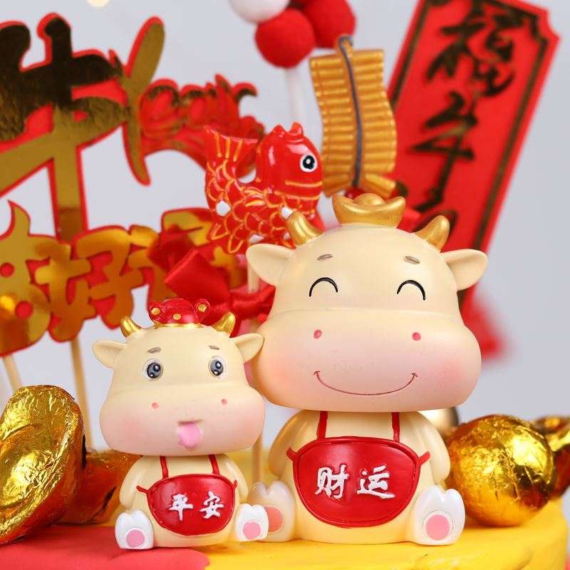 发财2021新款财运双牛喜庆主题插牌插件生肖牛跨年蛋糕装饰的牛年