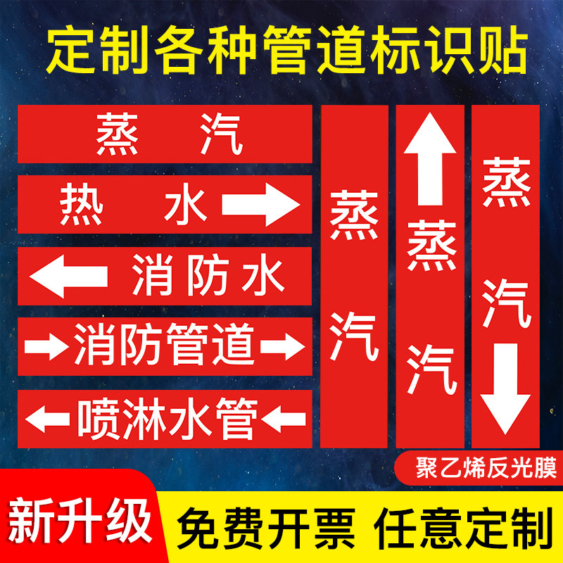 蒸汽管道标识热水消防水反光膜喷淋管道标识贴管路介质流向箭头色环