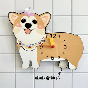 原创卡通腿摆动柯基狗狗创意装饰挂墙钟表客厅餐厅静音时钟挂钟饰