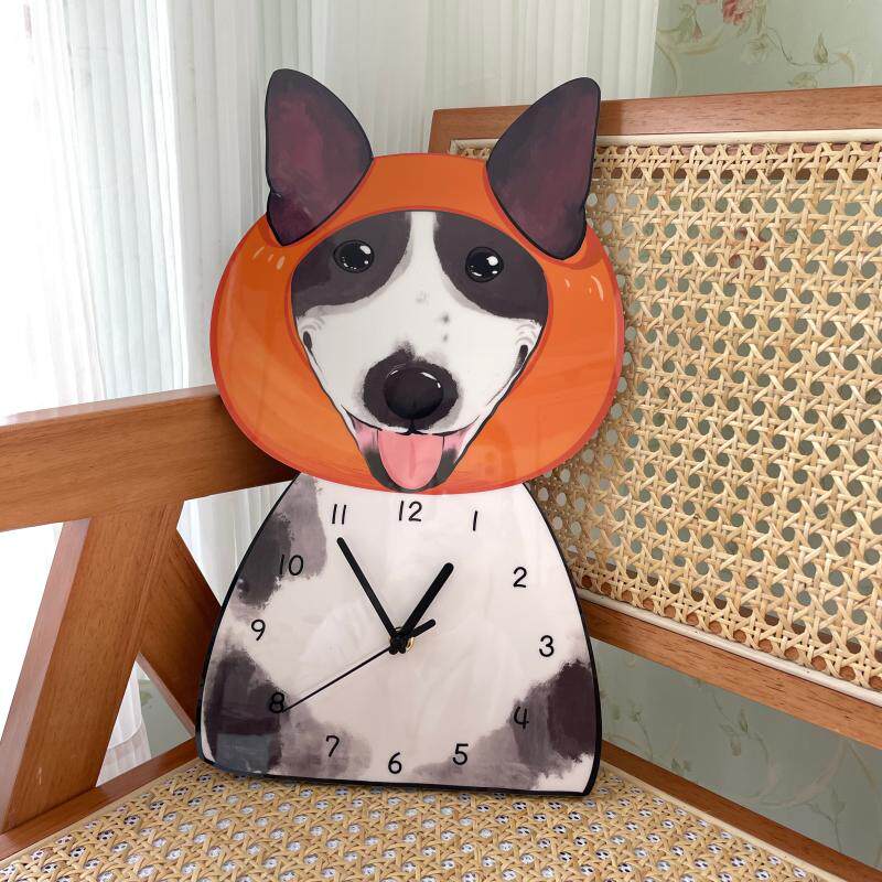 卡通创意牛头梗狗狗可爱呆萌创意静音钟表客厅店铺儿童房时钟挂钟