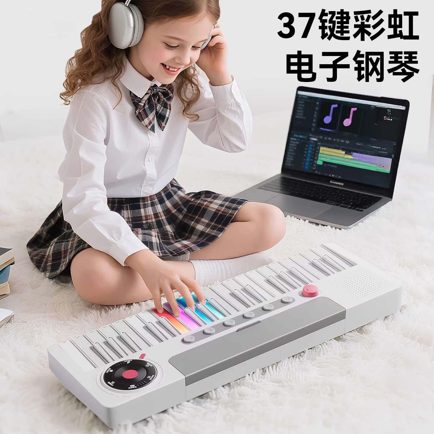 儿童电子琴玩具3-6岁初学者乐器8女孩37键彩虹多功能钢琴灯光音乐