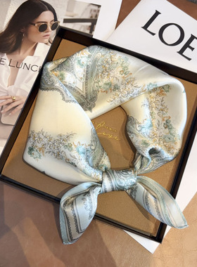 100%桑蚕丝丝巾女时尚新款小方巾百搭绿色春秋夏季薄款真丝小领巾