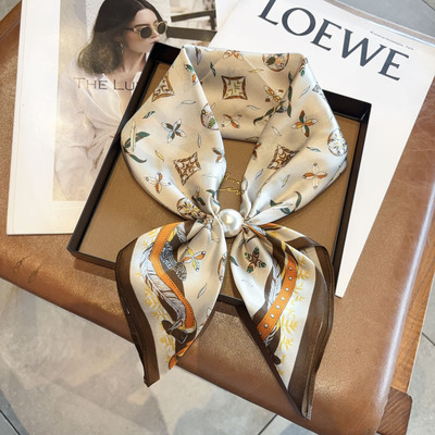 新款高级感真丝丝巾100%桑蚕丝珍珠磁吸扣装饰领巾懒人系脖围巾女