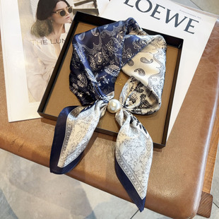 真丝磁吸扣珍珠小丝巾春秋装饰领巾100%桑蚕丝懒人系脖护颈围巾女