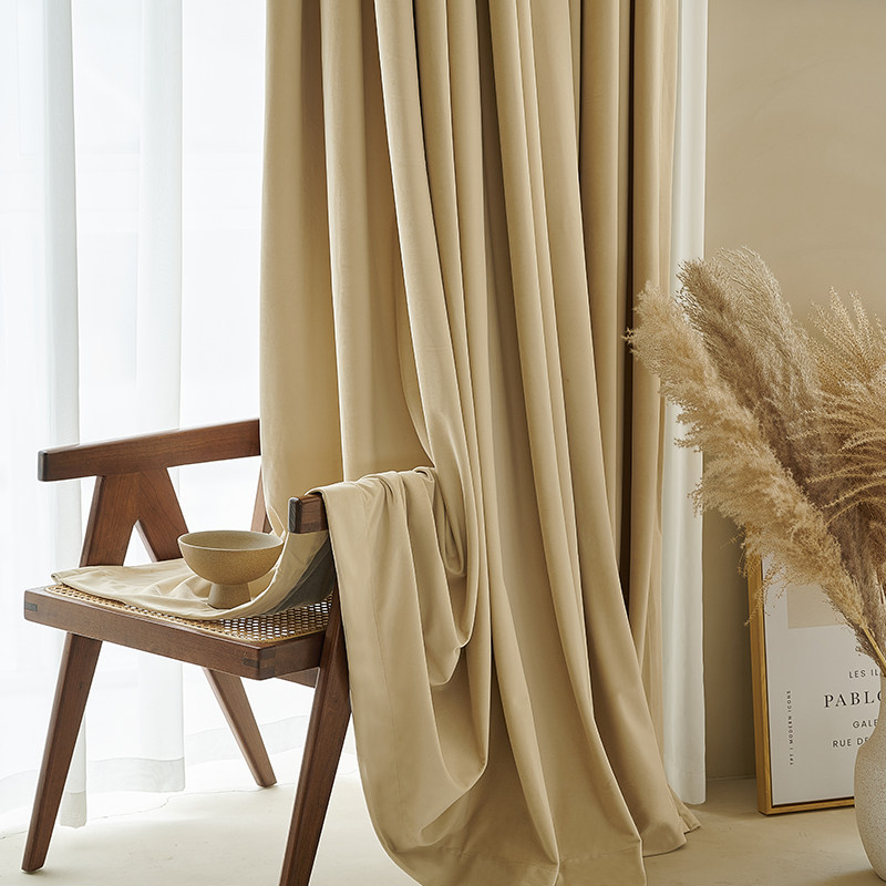 奶油奶茶色绒布窗帘法式卧室高级感ins风客厅轻奢羊毛绒丝绒遮光