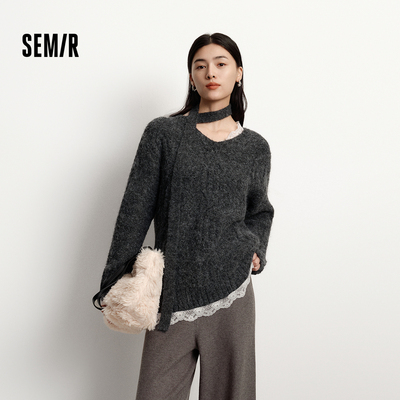 森马围巾蕾丝V领绞花宽松毛衣女