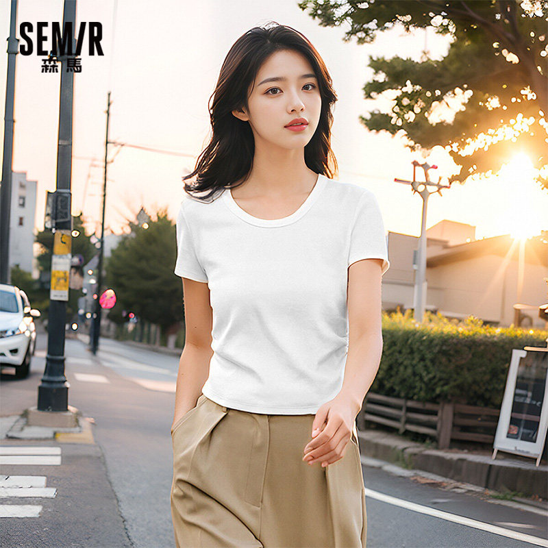 森马短袖T恤女纯色紧身上衣正肩