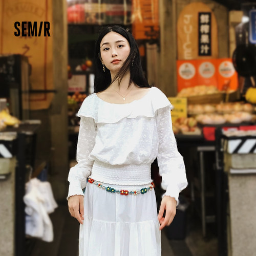 森马荷叶边一字肩短款长袖衬衫女