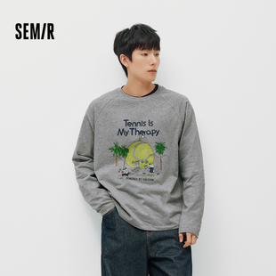 运动元 森马长袖 2026新款 卡通印花圆领情侣装 素涂鸦上衣 T恤男春季