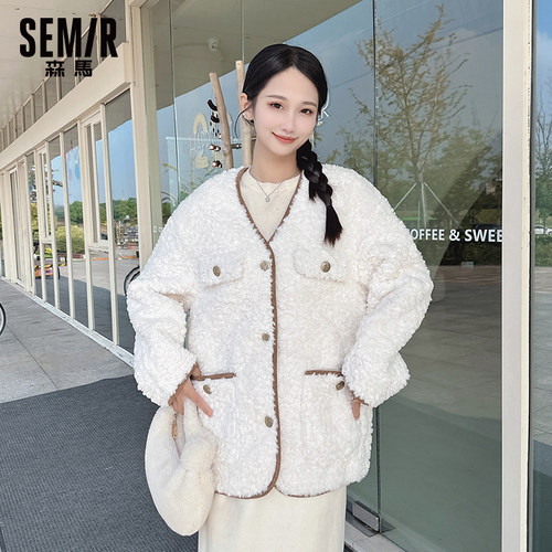 森马V领落肩仿兔毛中长款外套女