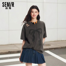森马短袖t恤女生中长款纯棉做旧2025夏季新款蝴蝶结破洞宽松上衣