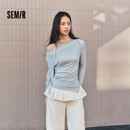 森马荡领褶皱纯色短款长袖T恤女