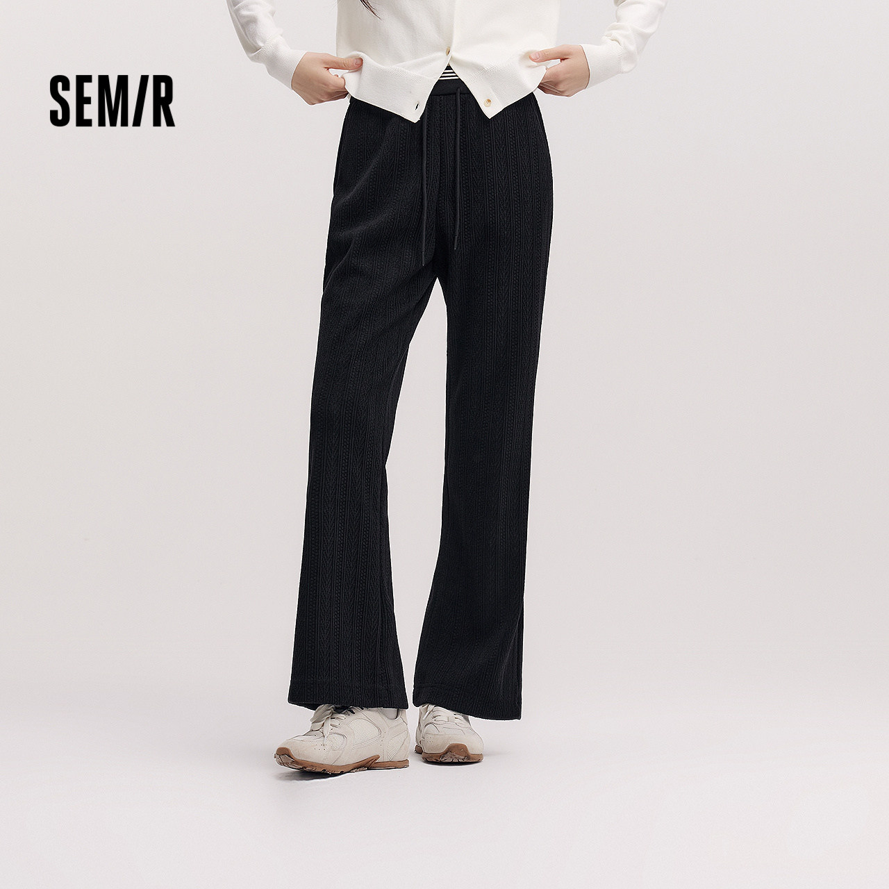 森马休闲裤女冬雪尼尔加绒撞色松紧腰喇叭裤肌理慵懒气质女士长裤 - 森马semir品牌清仓店出品