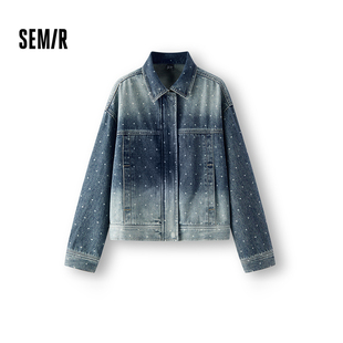 森柔 森马牛仔外套女春波点渐变宽松落肩潮酷街头设计感港风夹克
