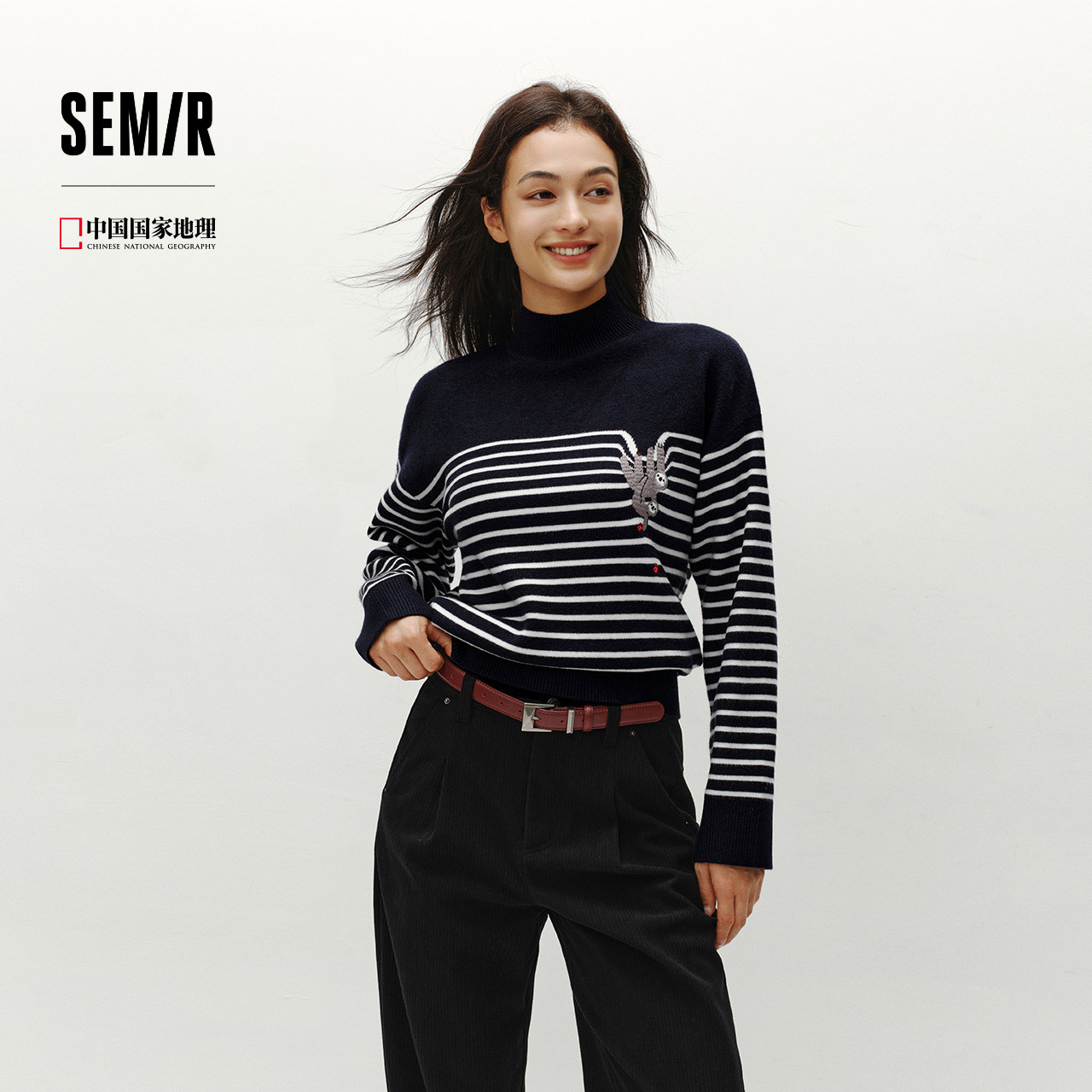 森柔|森马中国国家地理系列毛衣女冬季半高领刺绣条纹衫休闲毛衫