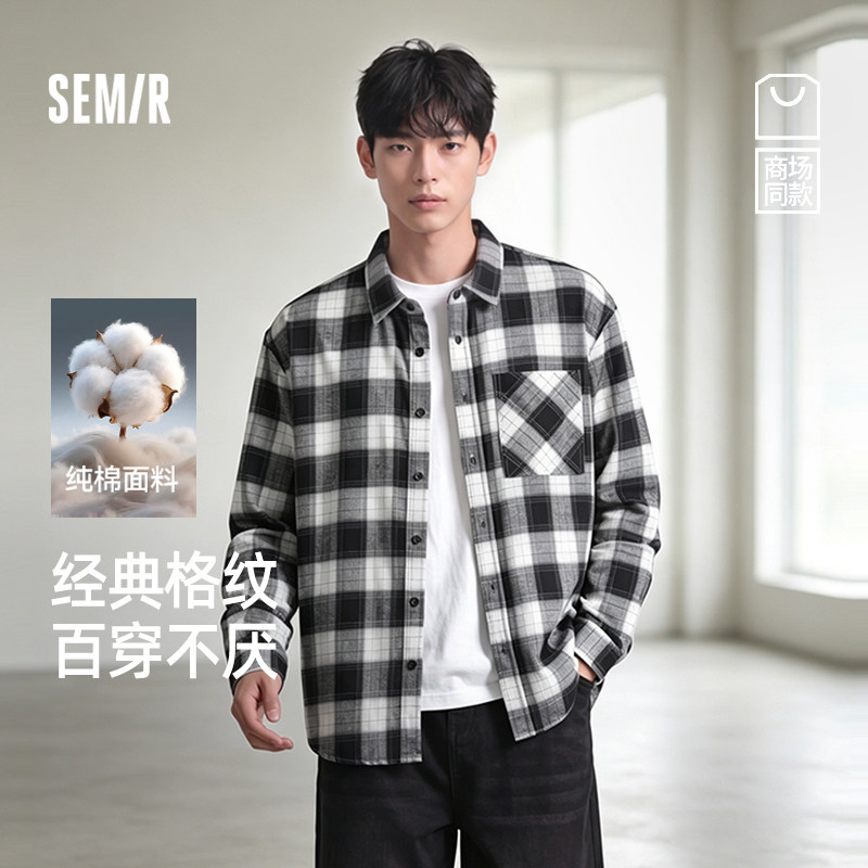 森马外套宽松纯棉格子长袖衬衫男图片