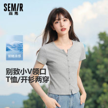 陈都灵同款|森马短袖t恤女短款上衣2025夏季新款凉感刺绣修身开衫
