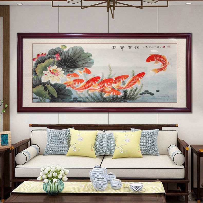 富贵有余聚财纳福招财风水挂画九鱼聚财图装饰画客厅沙发背景墙画