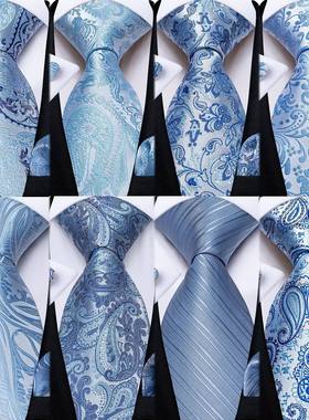Light Blue Paisley Striped Silk Ties For Men Handkerchief Cu