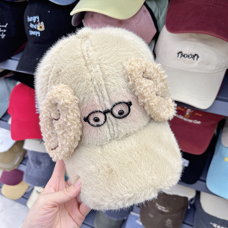 韩国代购东大门冬季新款可爱毛绒绒眼镜小狗棒球帽立体甜美鸭舌帽