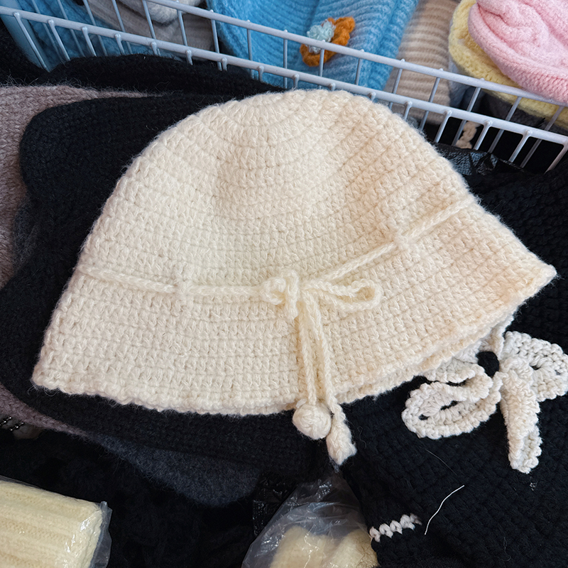 韩国代购东大门冬季新款粗毛线钩织蝴蝶结针织帽女甜美保暖毛线帽
