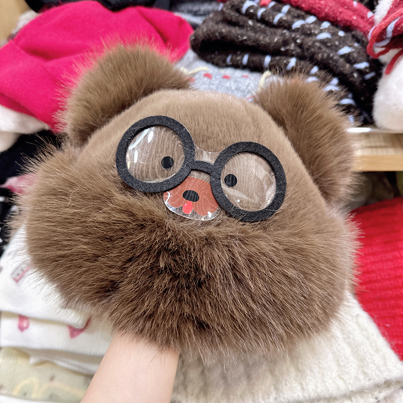 韩国代购东大门冬季新款可爱毛绒眼镜小熊包头帽毛茸茸卡通套头帽