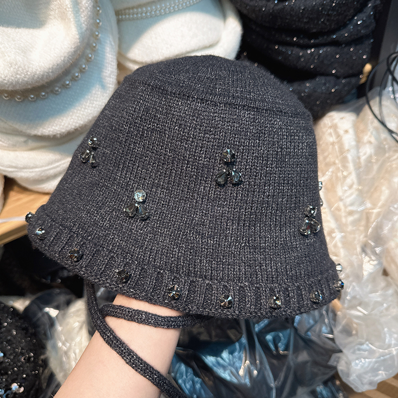 韩国代购东大门冬季新款日系水钻绑带针织渔夫帽女时尚护耳水桶帽