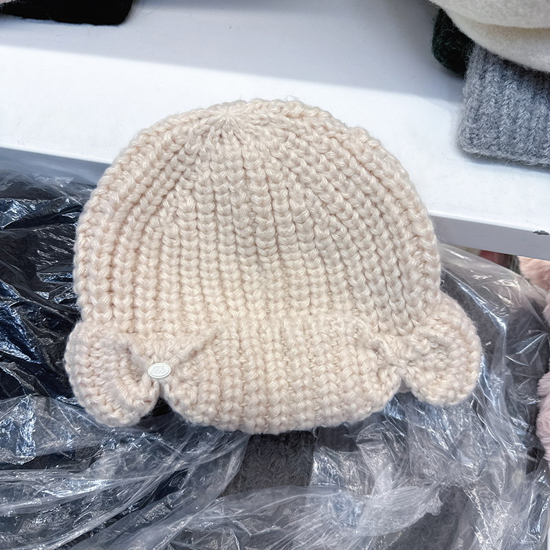 韩国代购东大门早秋新款纽扣粗毛线针织帽女显脸小简约休闲毛线帽
