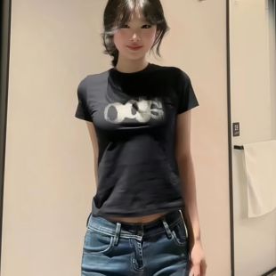 修身 美式 字母印花藏青色短袖 复古正肩t恤女夏季 显瘦辣妹上衣 新款