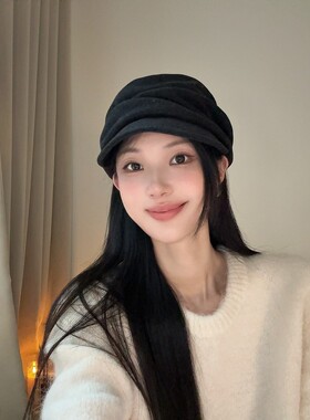 xfstudio小饭秋冬日式平顶手工褶皱极简显脸小加大帽檐八角帽